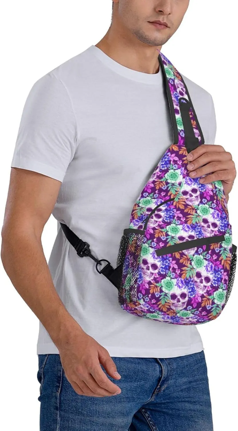 RIMENCH Men Women tropical floral flowers purple suagr skulls Sling Bag Fashion Crossbody Shoulder Bag Multipurpose Sling Bags Shoulder Backpack With Adjustable Strap