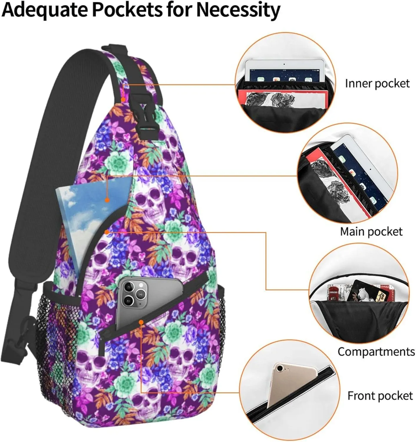 RIMENCH Men Women tropical floral flowers purple suagr skulls Sling Bag Fashion Crossbody Shoulder Bag Multipurpose Sling Bags Shoulder Backpack With Adjustable Strap