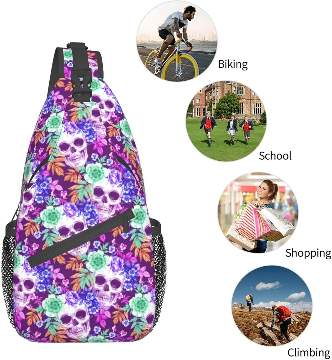 RIMENCH Men Women tropical floral flowers purple suagr skulls Sling Bag Fashion Crossbody Shoulder Bag Multipurpose Sling Bags Shoulder Backpack With Adjustable Strap