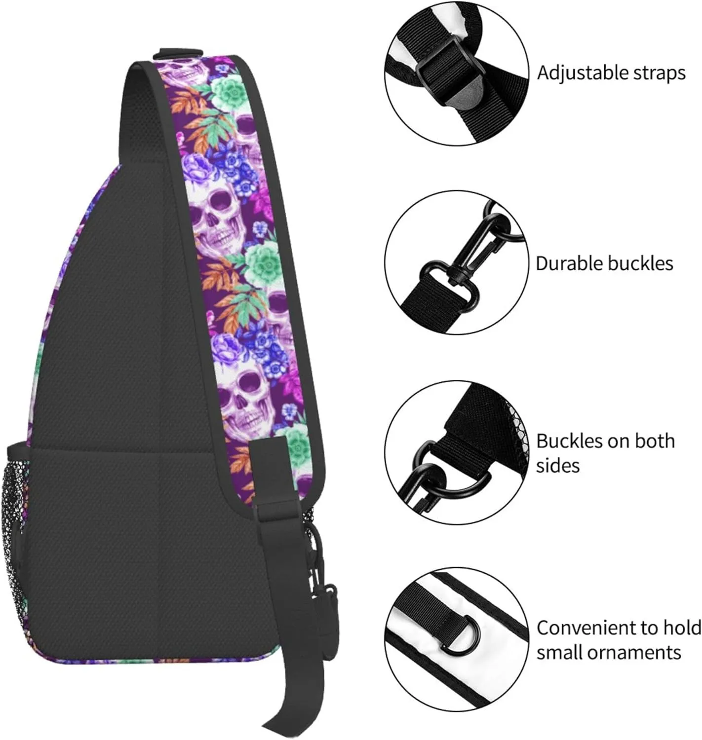 RIMENCH Men Women tropical floral flowers purple suagr skulls Sling Bag Fashion Crossbody Shoulder Bag Multipurpose Sling Bags Shoulder Backpack With Adjustable Strap