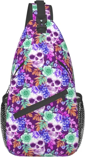 RIMENCH Men Women tropical floral flowers purple suagr skulls Sling Bag Fashion Crossbody Shoulder Bag Multipurpose Sling Bags Shoulder Backpack With Adjustable Strap