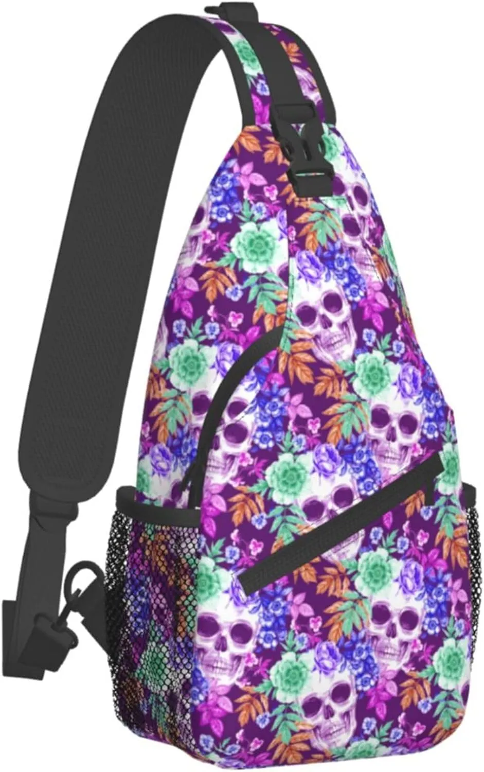 RIMENCH Men Women tropical floral flowers purple suagr skulls Sling Bag Fashion Crossbody Shoulder Bag Multipurpose Sling Bags Shoulder Backpack With Adjustable Strap