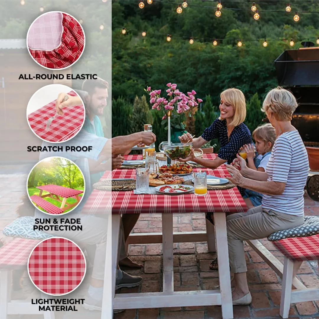 RNOONY 6ft Polyester Picnic Table Cover with Bench Covers Windproof & Waterproof Tablecloth, Perfect for Camping Gifts & RV Essentials, Cool Camping Gadgets, with Carrying Bag, 72x30 Inches, Red