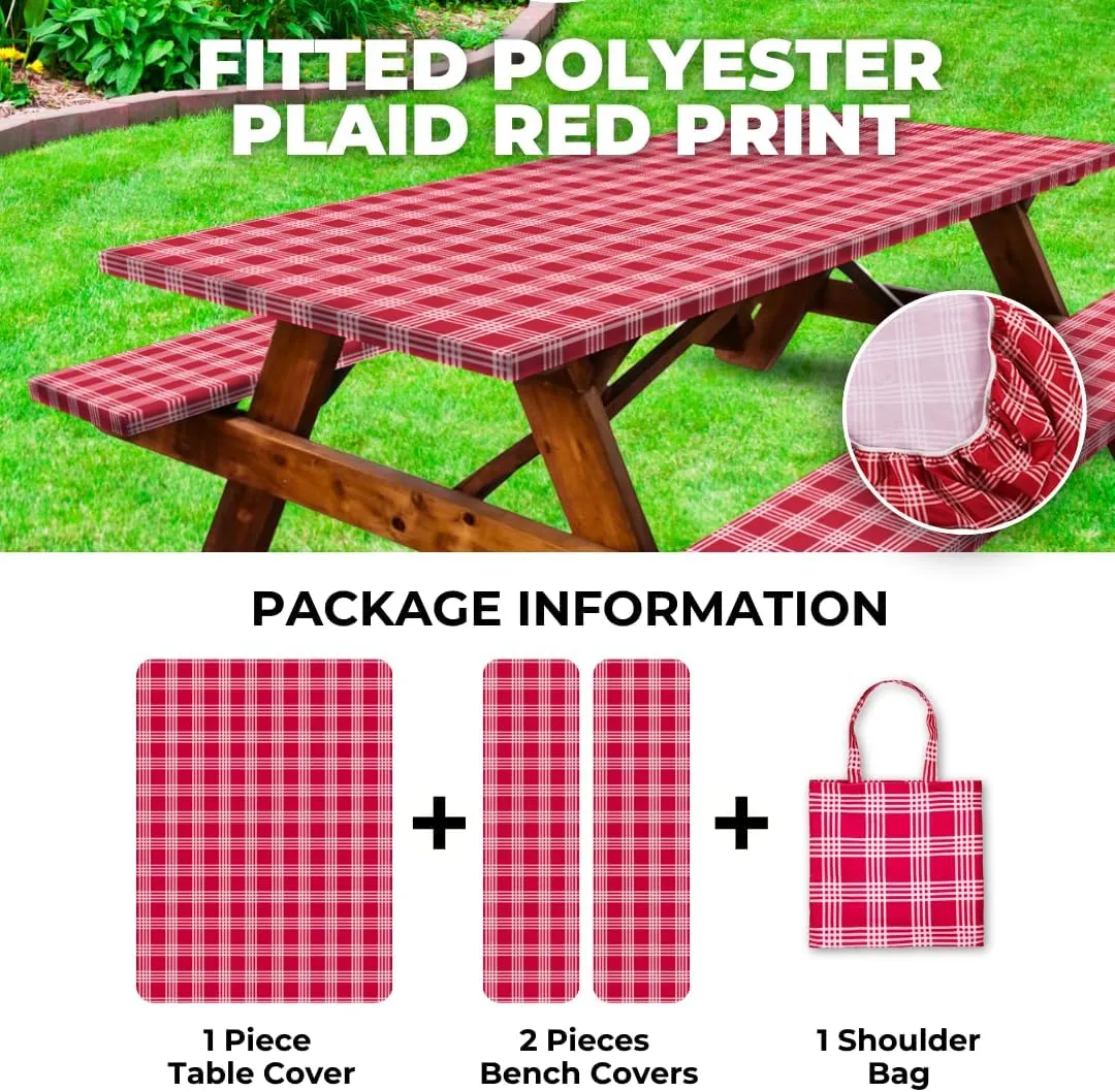 RNOONY 6ft Polyester Picnic Table Cover with Bench Covers Windproof & Waterproof Tablecloth, Perfect for Camping Gifts & RV Essentials, Cool Camping Gadgets, with Carrying Bag, 72x30 Inches, Red
