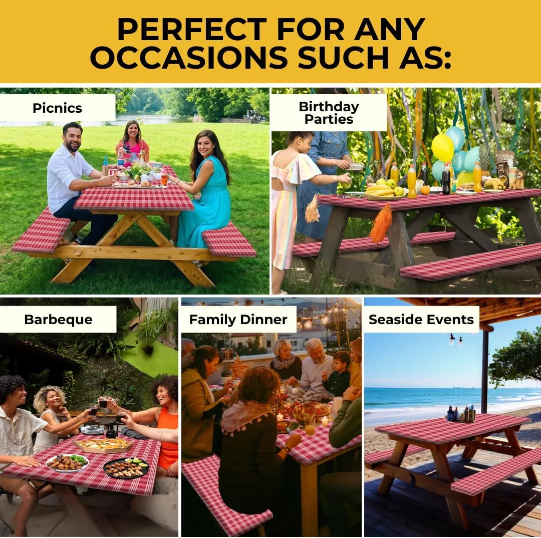 RNOONY 6ft Polyester Picnic Table Cover with Bench Covers Windproof & Waterproof Tablecloth, Perfect for Camping Gifts & RV Essentials, Cool Camping Gadgets, with Carrying Bag, 72x30 Inches, Red