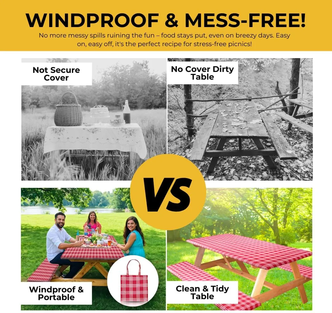 RNOONY 6ft Polyester Picnic Table Cover with Bench Covers Windproof & Waterproof Tablecloth, Perfect for Camping Gifts & RV Essentials, Cool Camping Gadgets, with Carrying Bag, 72x30 Inches, Red