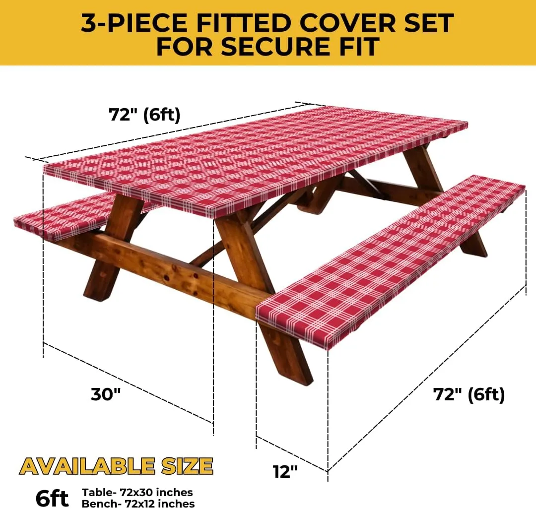 RNOONY 6ft Polyester Picnic Table Cover with Bench Covers Windproof & Waterproof Tablecloth, Perfect for Camping Gifts & RV Essentials, Cool Camping Gadgets, with Carrying Bag, 72x30 Inches, Red
