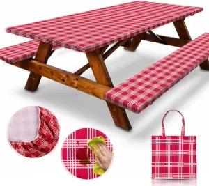 RNOONY 6ft Polyester Picnic Table Cover with Bench Covers Windproof & Waterproof Tablecloth, Perfect for Camping Gifts & RV Essentials, Cool Camping Gadgets, with Carrying Bag, 72x30 Inches, Red