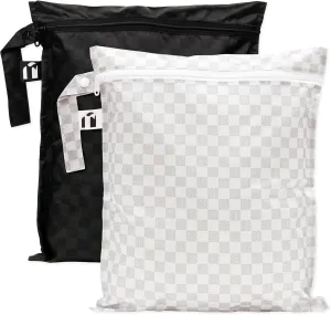 Roamio Waterproof Wet Bag for Baby, Travel, Swim Suit, Cloth Diaper, Pump Parts, Pool, Beach, Gym Clothes, Toiletry, Hook to Stroller, Daycare, Zip Reusable Wetdry Pack, 2-pk Black Check and Off White