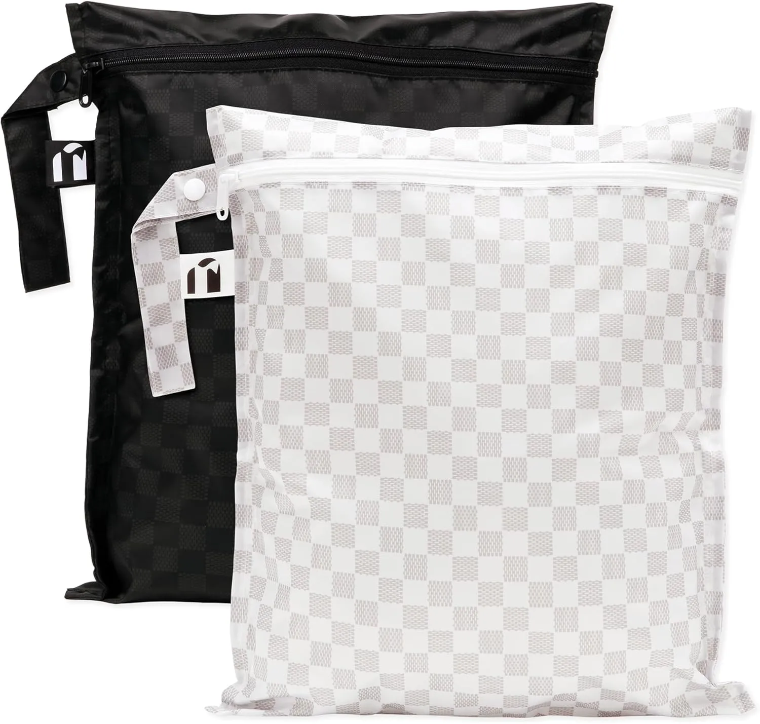 Roamio Waterproof Wet Bag for Baby, Travel, Swim Suit, Cloth Diaper, Pump Parts, Pool, Beach, Gym Clothes, Toiletry, Hook to Stroller, Daycare, Zip Reusable Wetdry Pack, 2-pk Black Check and Off White