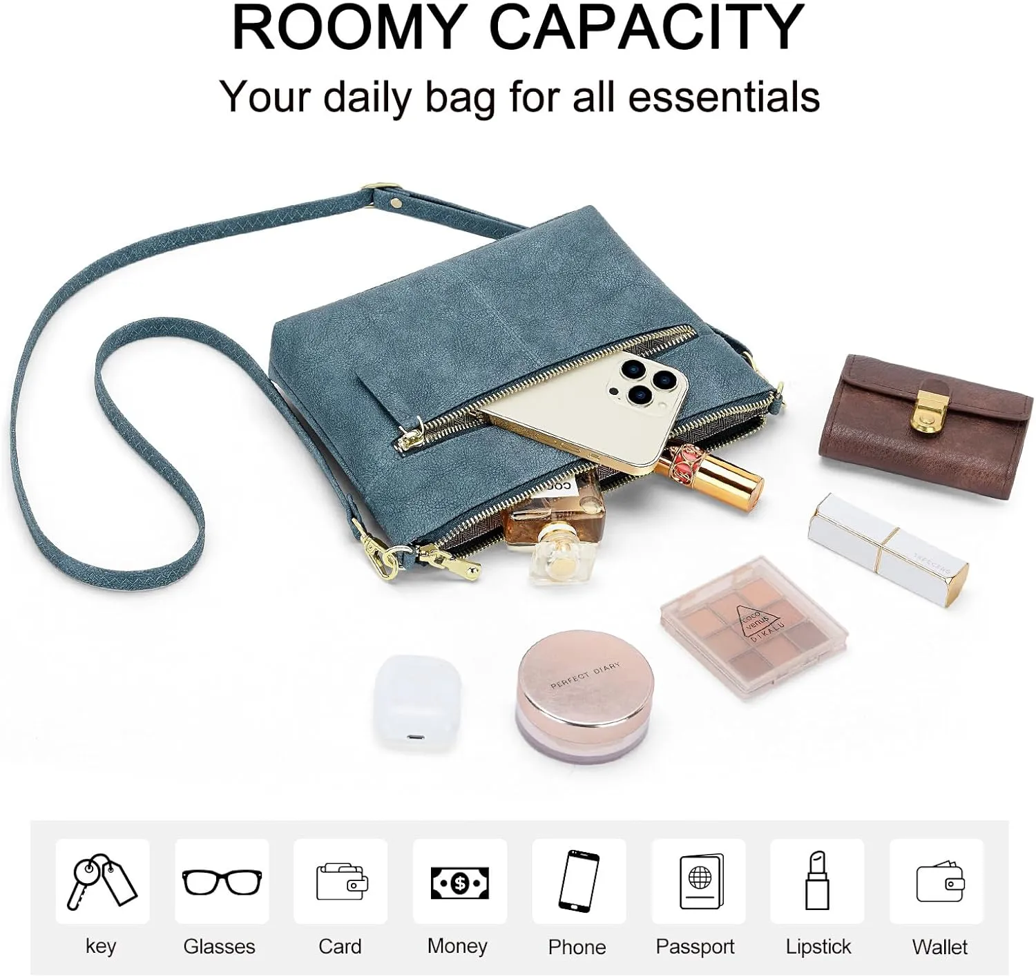 RONSIN Crossbody Bag for Women Cell Phone Purse Bucket Bag Shoulder Bag with Multi Zipper Pockets