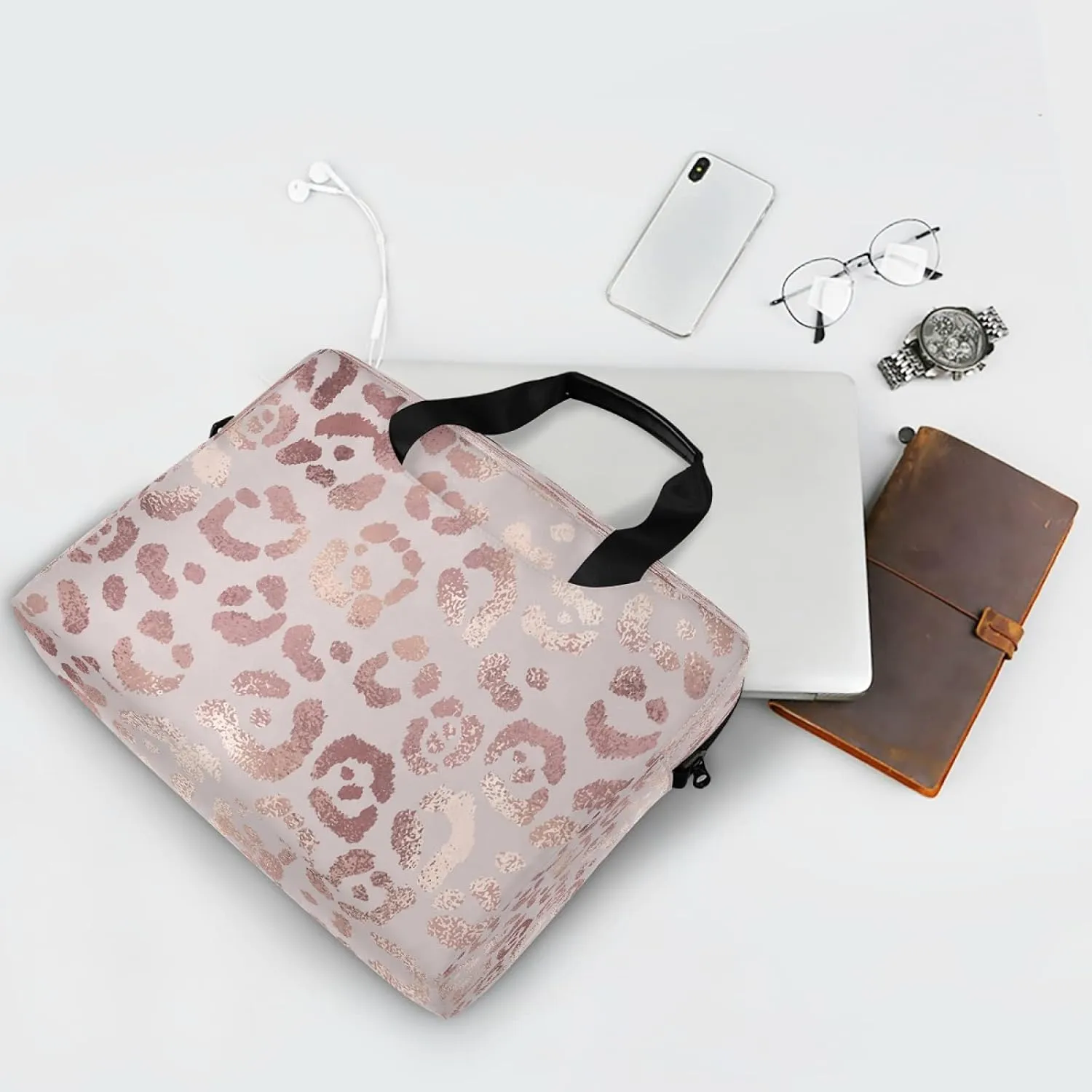 Rose Gold Leopard Print Pink Laptop Messenger Bag Case Sleeve Crossbody Briefcase for Men Women with Shoulder Strap Handle 13 14 15.6 inch