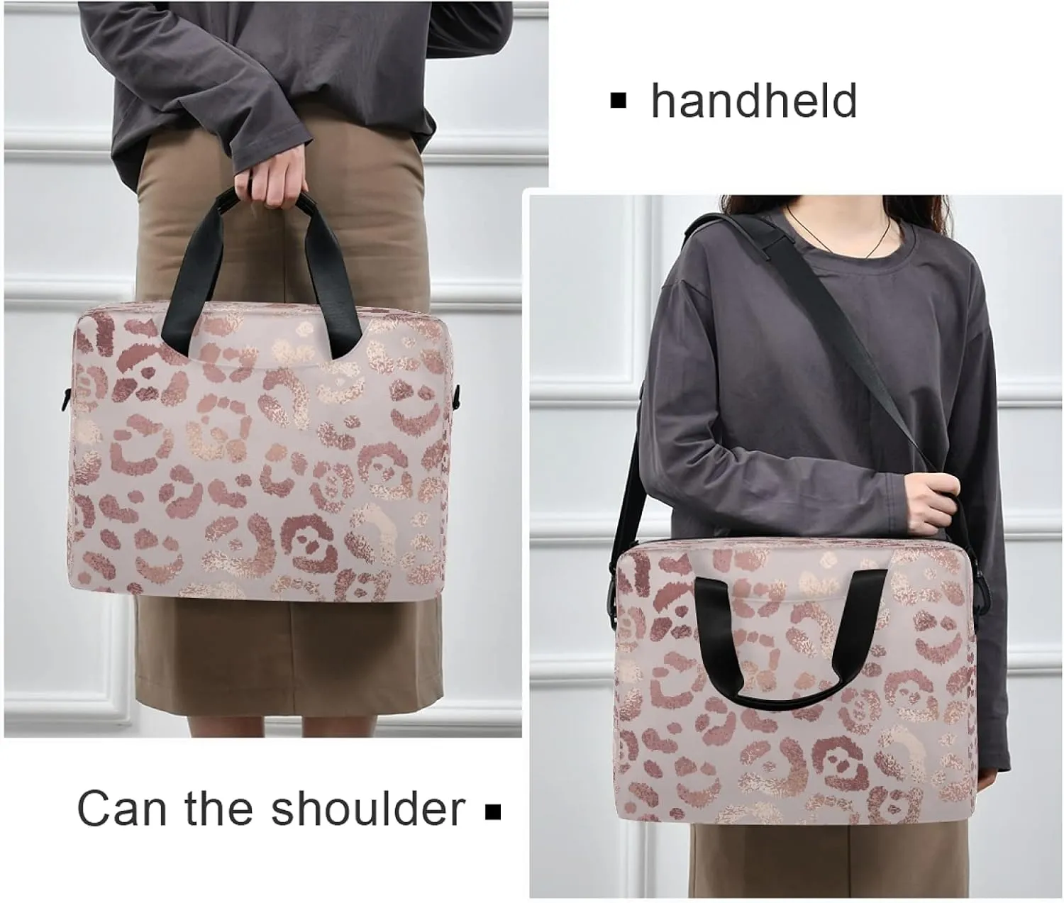 Rose Gold Leopard Print Pink Laptop Messenger Bag Case Sleeve Crossbody Briefcase for Men Women with Shoulder Strap Handle 13 14 15.6 inch