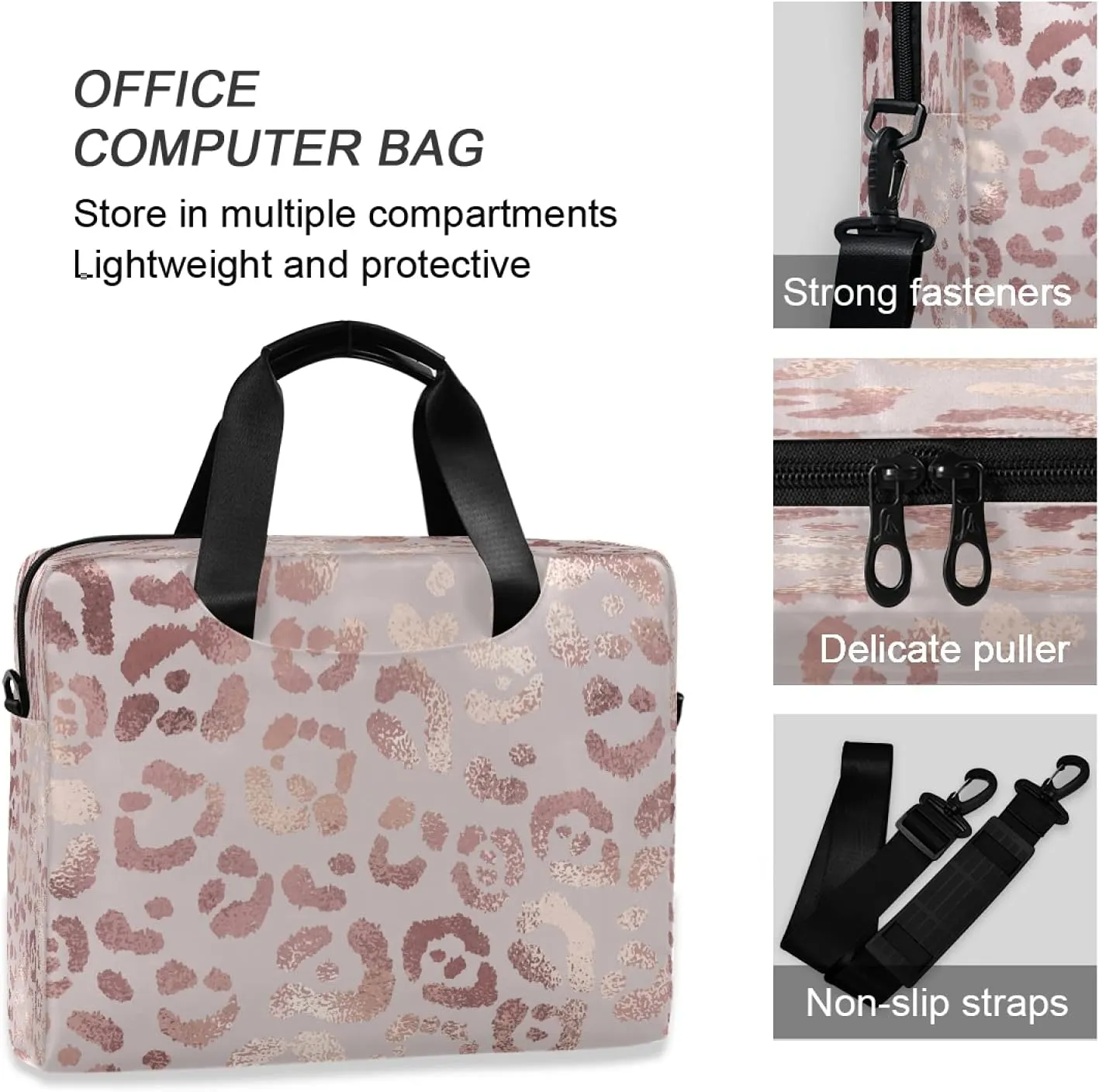 Rose Gold Leopard Print Pink Laptop Messenger Bag Case Sleeve Crossbody Briefcase for Men Women with Shoulder Strap Handle 13 14 15.6 inch