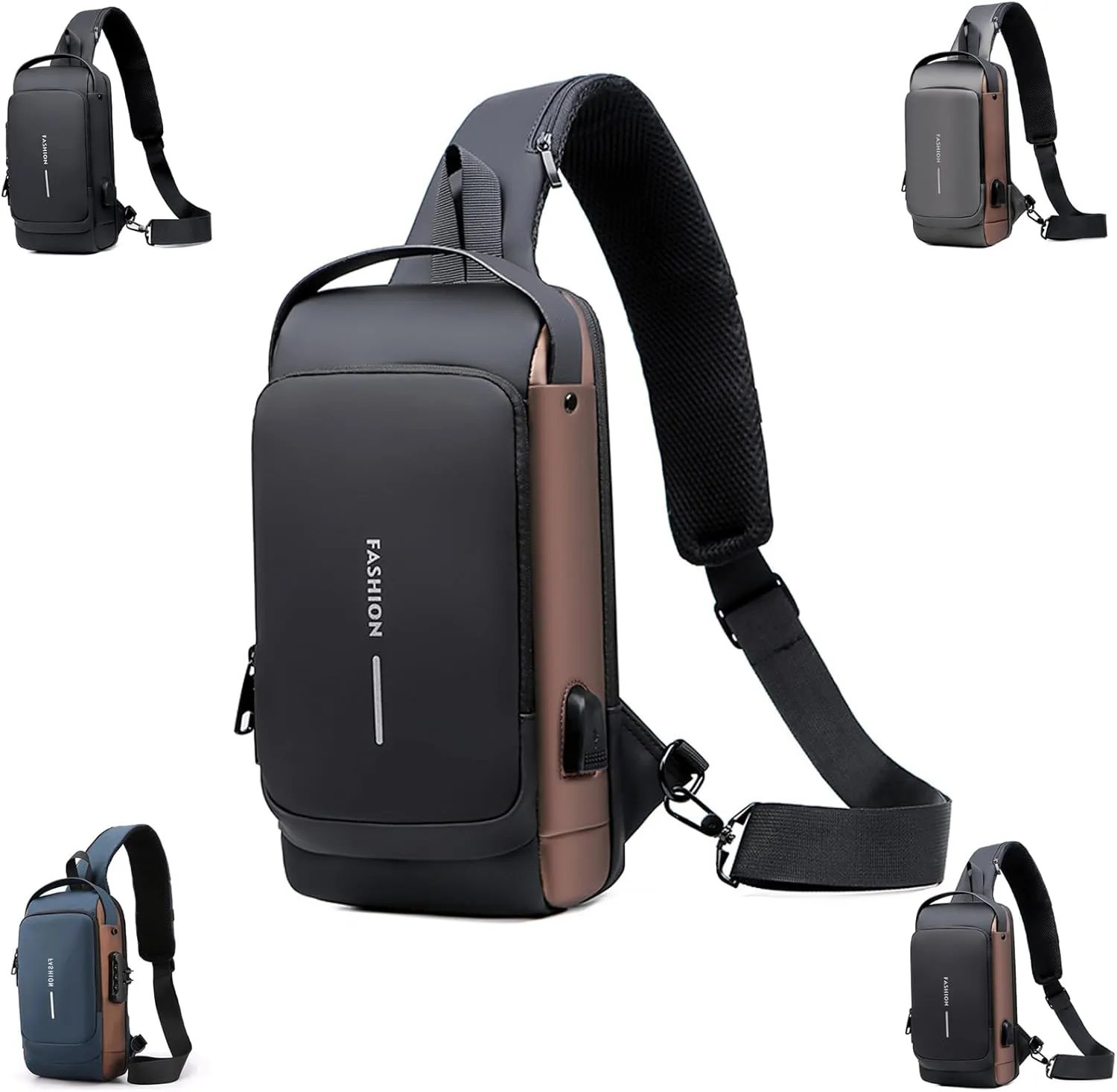 Rotateepic Sling Bag, 2024 New Men's Messenger Bag Anti-Theft Lock Zipper, PU Leather Shoulder Bag with USB Charging Port