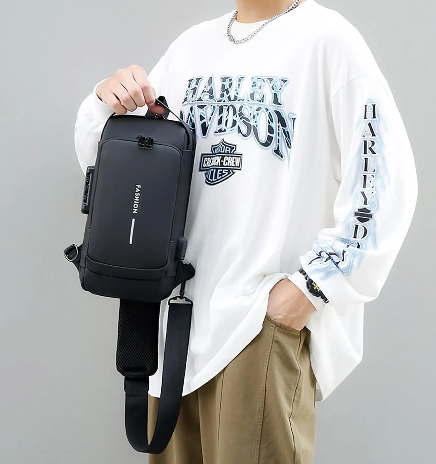 Rotateepic Sling Bag, 2024 New Men's Messenger Bag Anti-Theft Lock Zipper, PU Leather Shoulder Bag with USB Charging Port