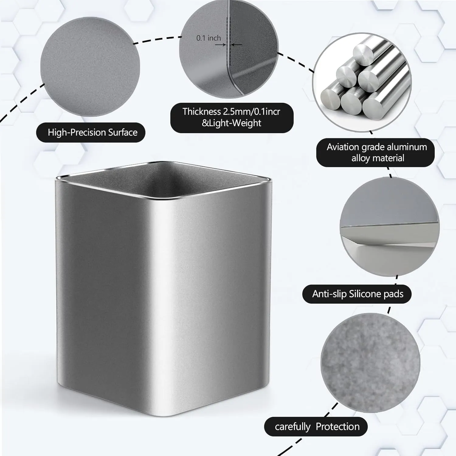RQB Metal Pen Holder for Desk Square Aluminum Desktop Organizer and Makeup Brush Holder Storage Box for Office, School, Home, and Kids, Non-slip silicone 4×3.15inch-Gray
