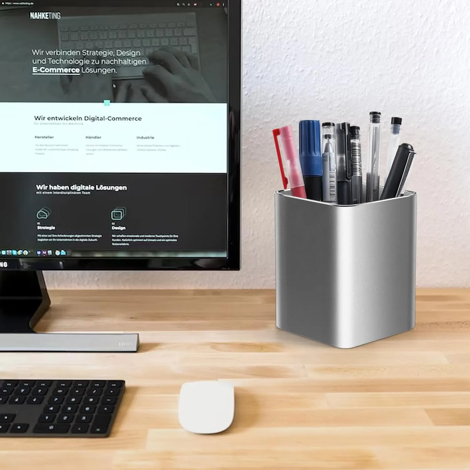 RQB Metal Pen Holder for Desk Square Aluminum Desktop Organizer and Makeup Brush Holder Storage Box for Office, School, Home, and Kids, Non-slip silicone 4×3.15inch-Gray