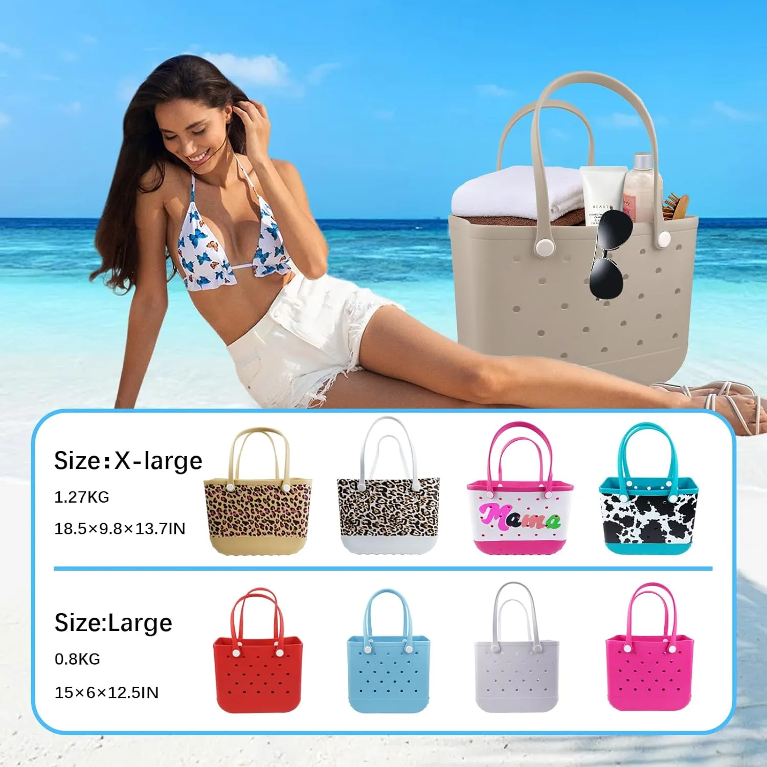 Rubber Beach Tote Bag - Waterproof Washable Durable Open Purses with Zipper Pocket and Phone Pouch for Pool Boat