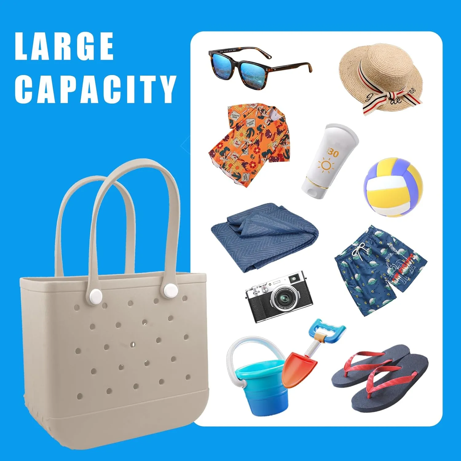 Rubber Beach Tote Bag - Waterproof Washable Durable Open Purses with Zipper Pocket and Phone Pouch for Pool Boat