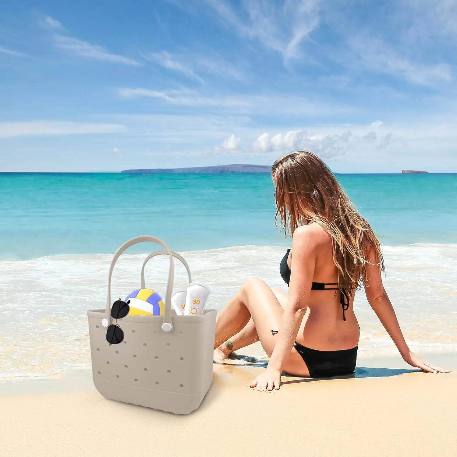 Rubber Beach Tote Bag - Waterproof Washable Durable Open Purses with Zipper Pocket and Phone Pouch for Pool Boat