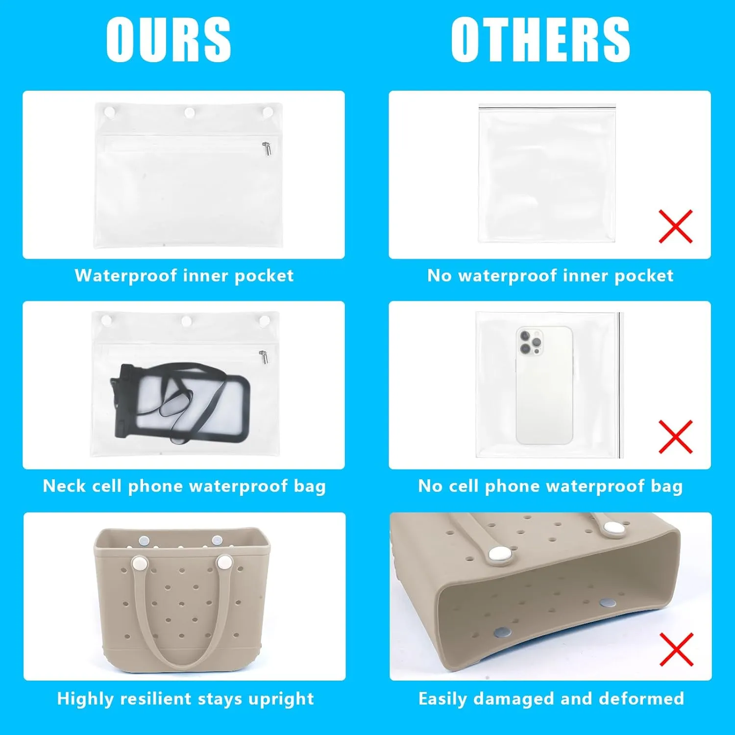 Rubber Beach Tote Bag - Waterproof Washable Durable Open Purses with Zipper Pocket and Phone Pouch for Pool Boat