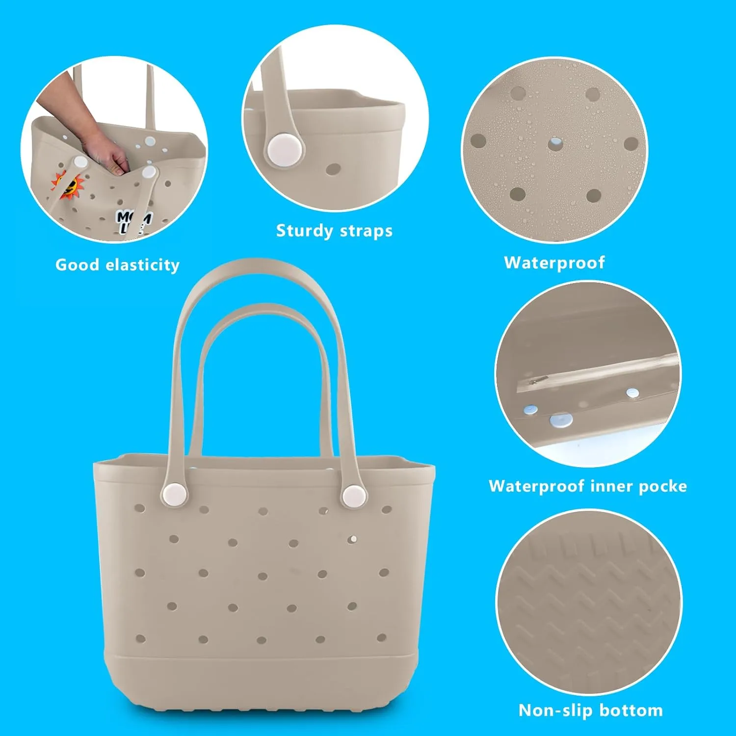 Rubber Beach Tote Bag - Waterproof Washable Durable Open Purses with Zipper Pocket and Phone Pouch for Pool Boat