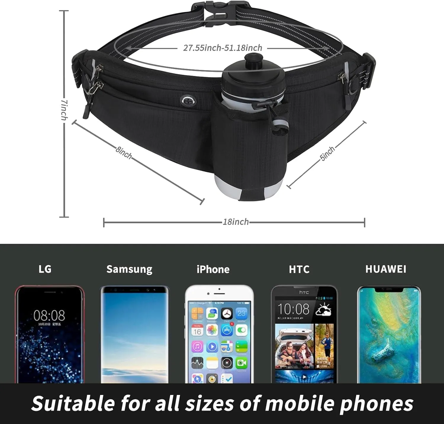 Running Belt, Adjustable Hydration Running Waist Pack,Water Resistant Pouch Pack for Marathon, Jogging, Cycling, Biking, Hiking (black) (Bottles NOT Included)