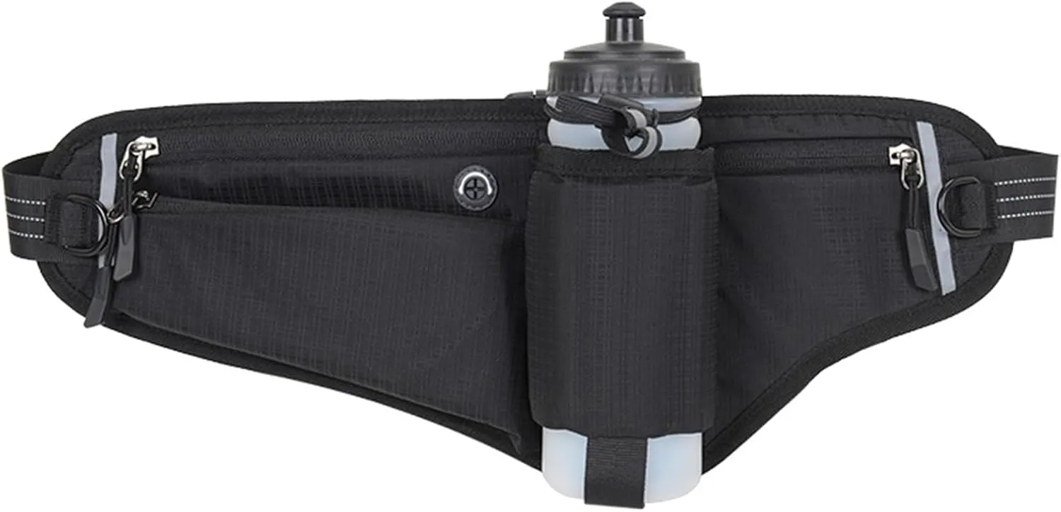 Running Belt, Adjustable Hydration Running Waist Pack,Water Resistant Pouch Pack for Marathon, Jogging, Cycling, Biking, Hiking (black) (Bottles NOT Included)