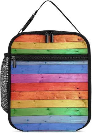 Rustic Old Barn Wood Rainbow Insulated Lunch Bag Cooler Bag Portable Leakproof Lunch Box Adjustable Handbag Meal Tote with Handle