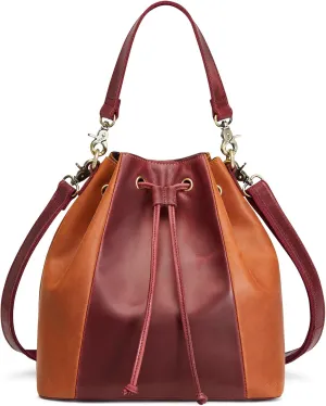 S-ZONE Genuine Leather Bucket Bags for Women Drawstring Crossbody Purses and Handbags Shoulder Top Handle with 2 Straps