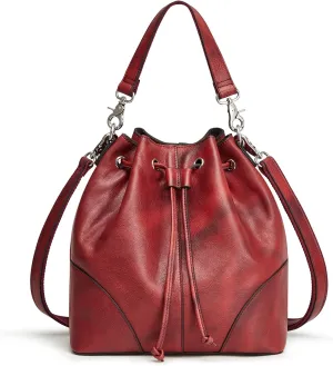 S-ZONE Genuine Leather Bucket Bags for Women Drawstring Crossbody Purses Shoulder Top Handle Handbags with 2 Straps