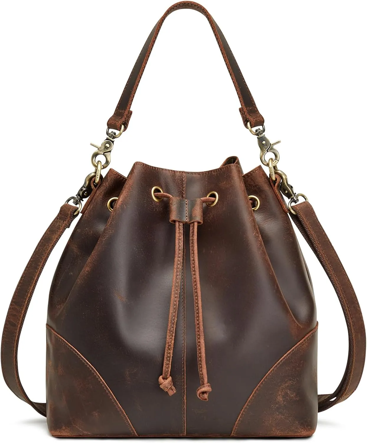 S-ZONE Genuine Leather Bucket Bags for Women Drawstring Crossbody Purses Shoulder Top Handle Handbags with 2 Straps