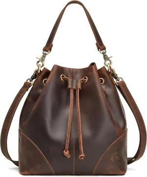 S-ZONE Genuine Leather Bucket Bags for Women Drawstring Crossbody Purses Shoulder Top Handle Handbags with 2 Straps