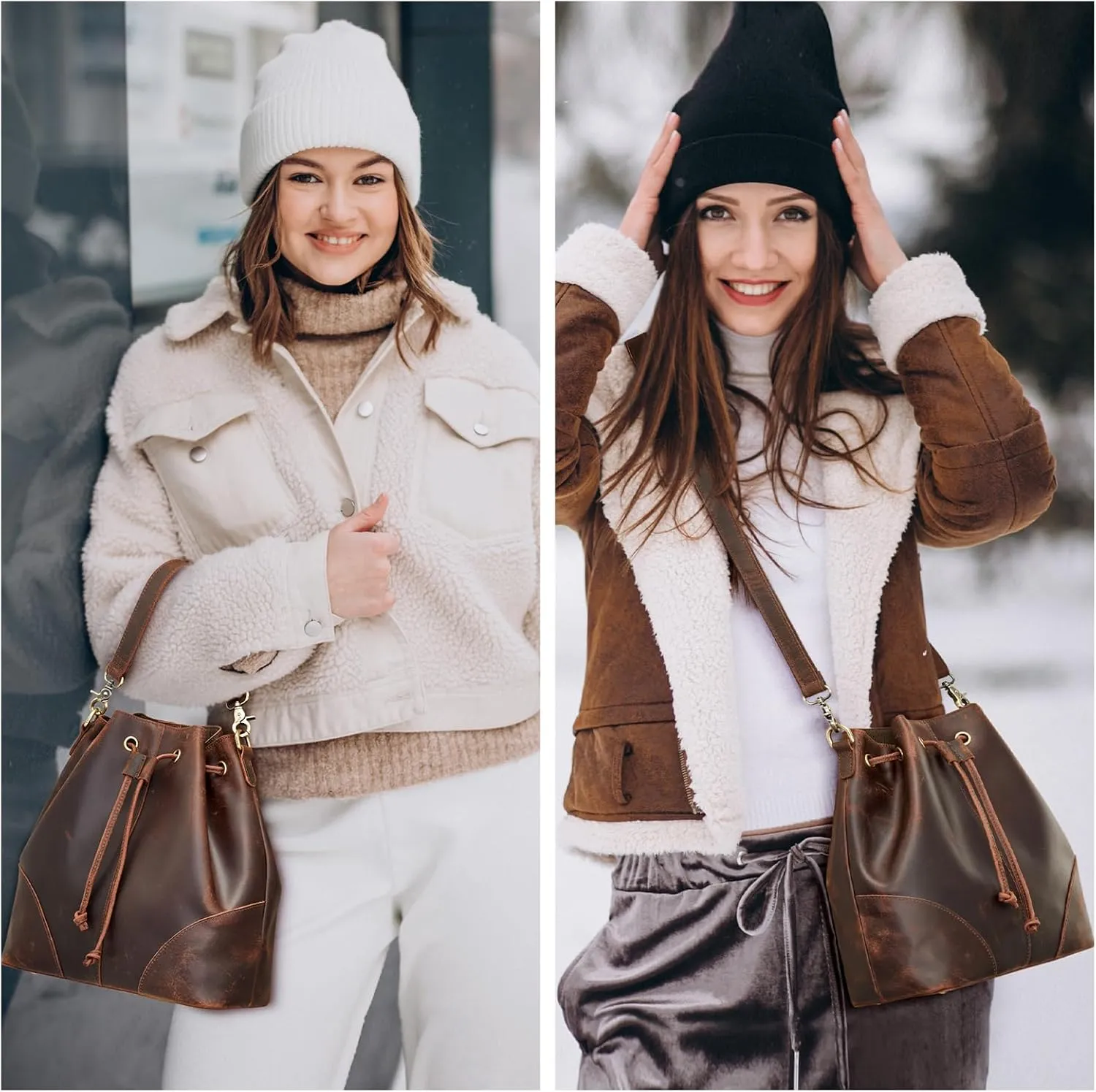 S-ZONE Genuine Leather Bucket Bags for Women Drawstring Crossbody Purses Shoulder Top Handle Handbags with 2 Straps