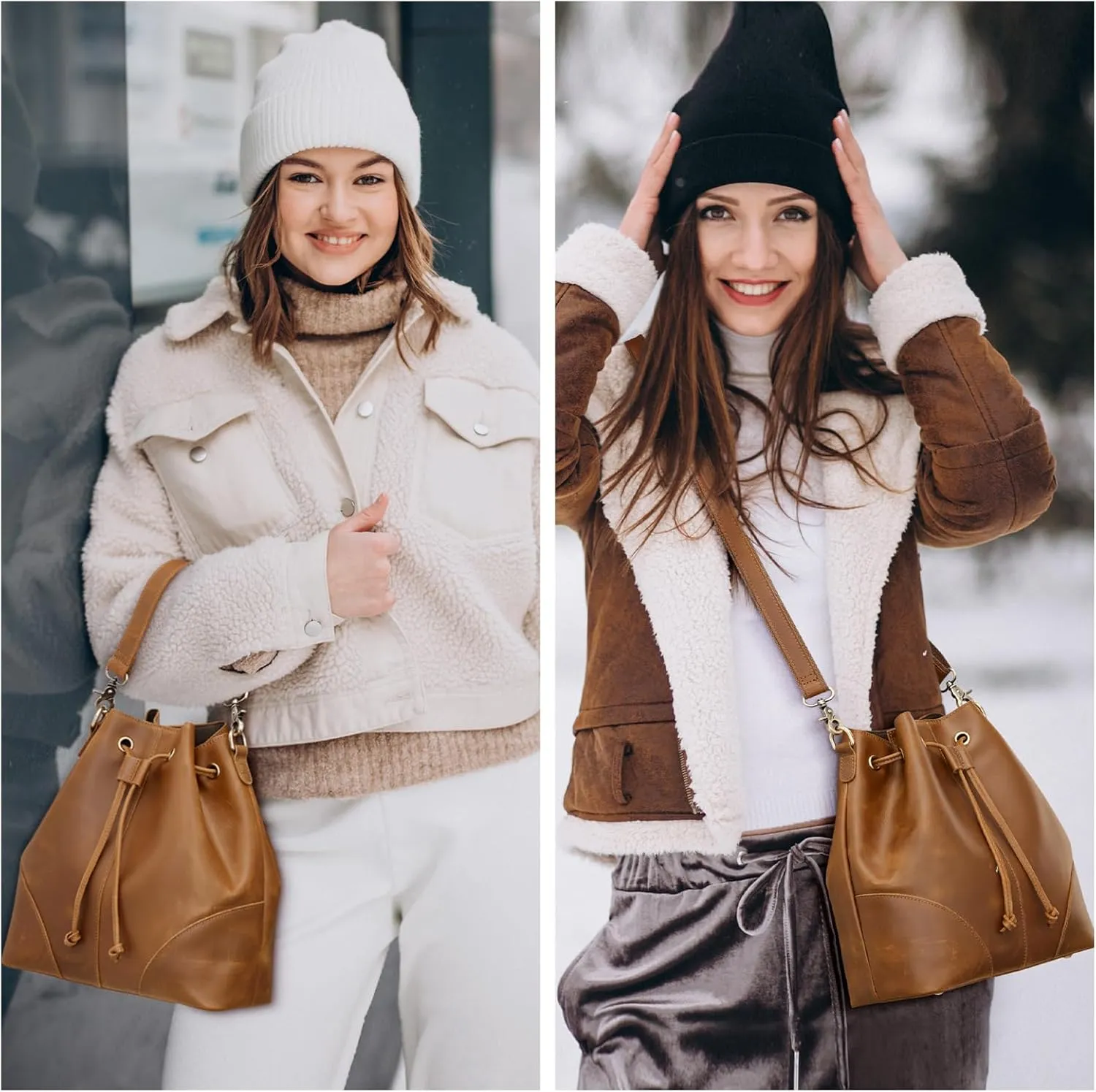 S-ZONE Genuine Leather Bucket Bags for Women Drawstring Crossbody Purses Shoulder Top Handle Handbags with 2 Straps