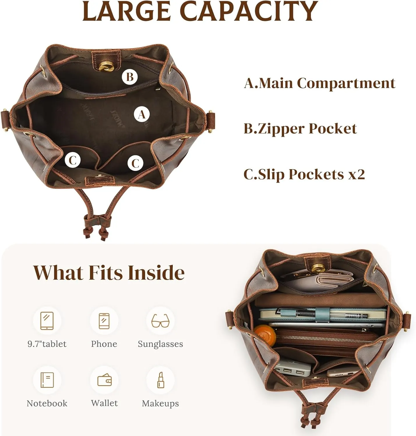 S-ZONE Genuine Leather Bucket Bags for Women Drawstring Crossbody Purses Shoulder Top Handle Handbags with 2 Straps