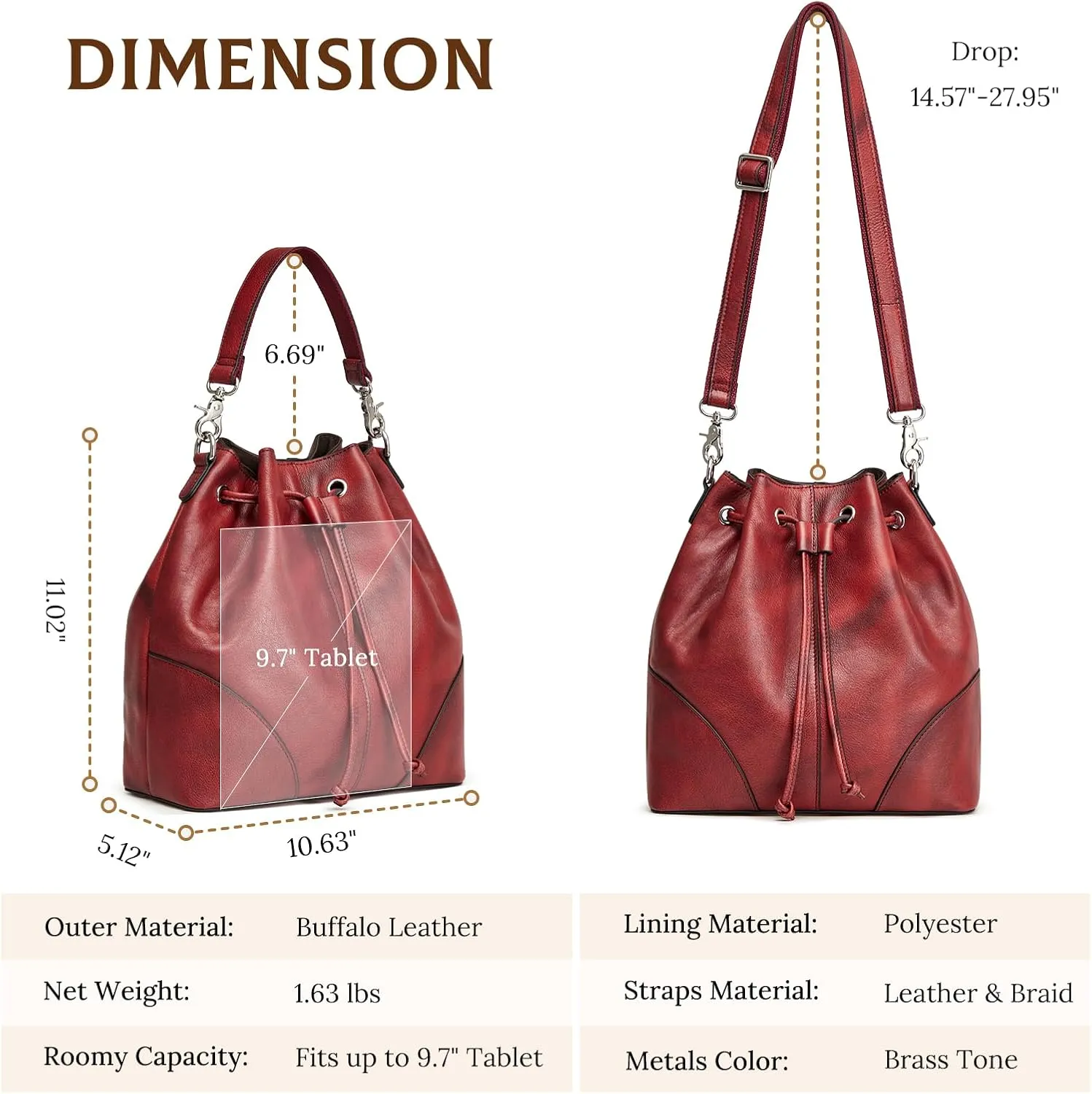 S-ZONE Genuine Leather Bucket Bags for Women Drawstring Crossbody Purses Shoulder Top Handle Handbags with 2 Straps
