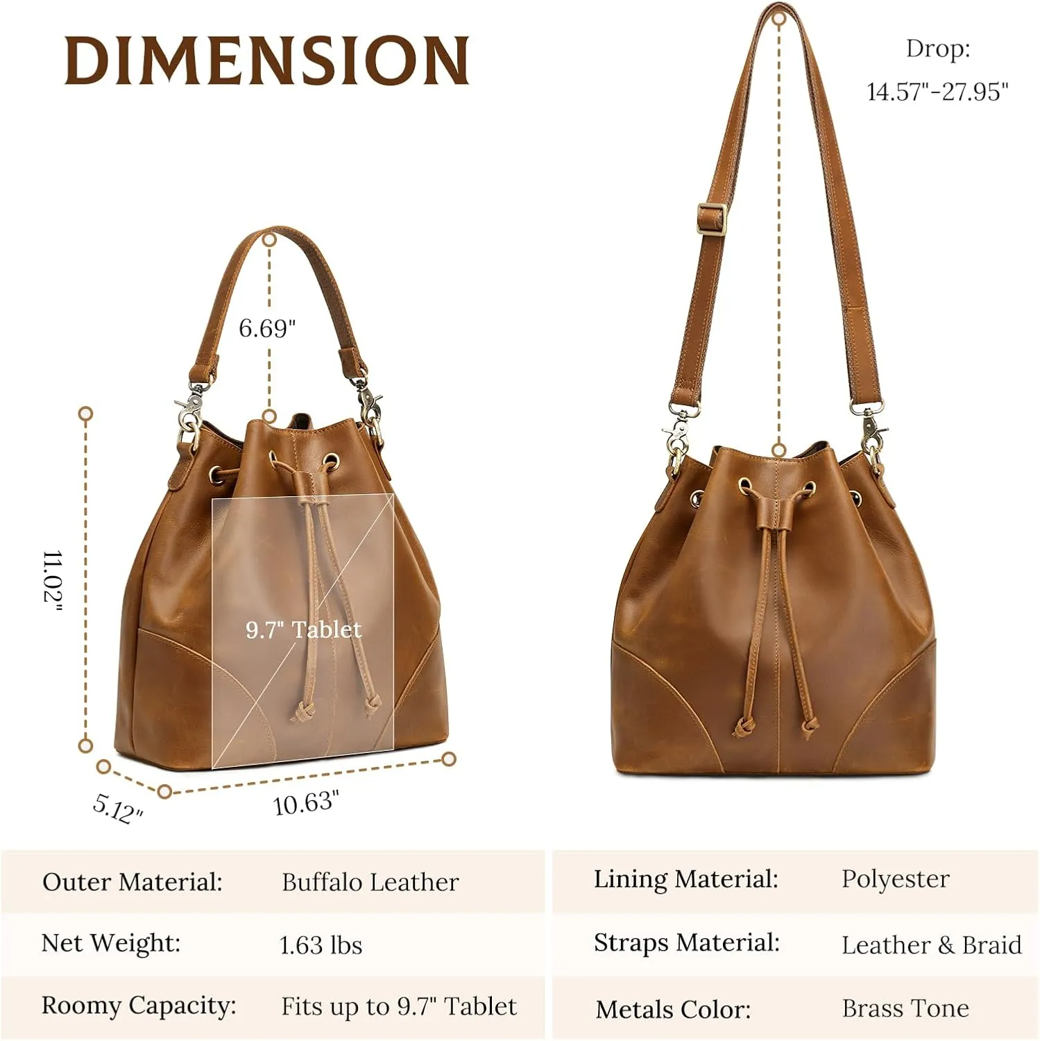 S-ZONE Genuine Leather Bucket Bags for Women Drawstring Crossbody Purses Shoulder Top Handle Handbags with 2 Straps