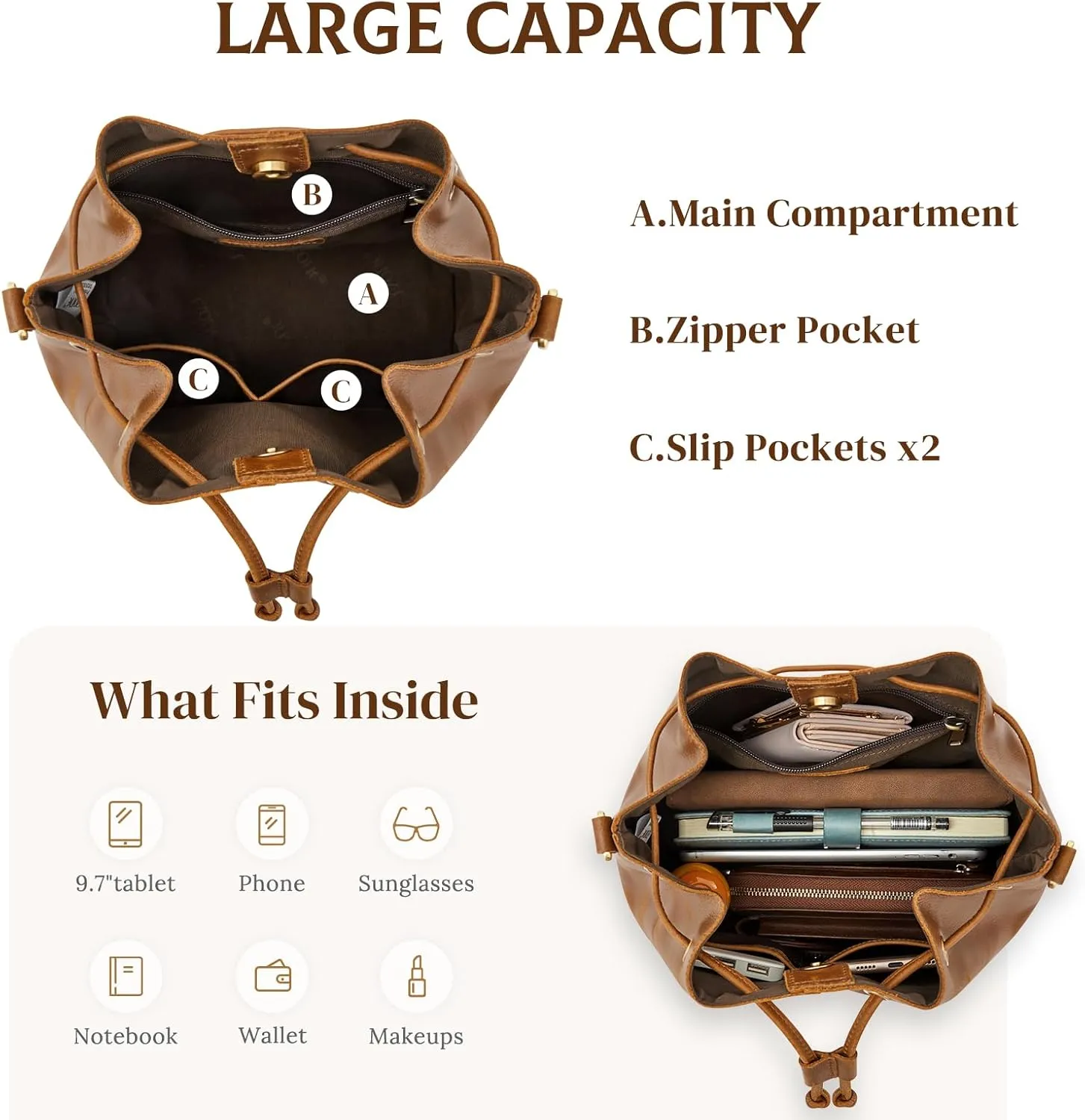 S-ZONE Genuine Leather Bucket Bags for Women Drawstring Crossbody Purses Shoulder Top Handle Handbags with 2 Straps