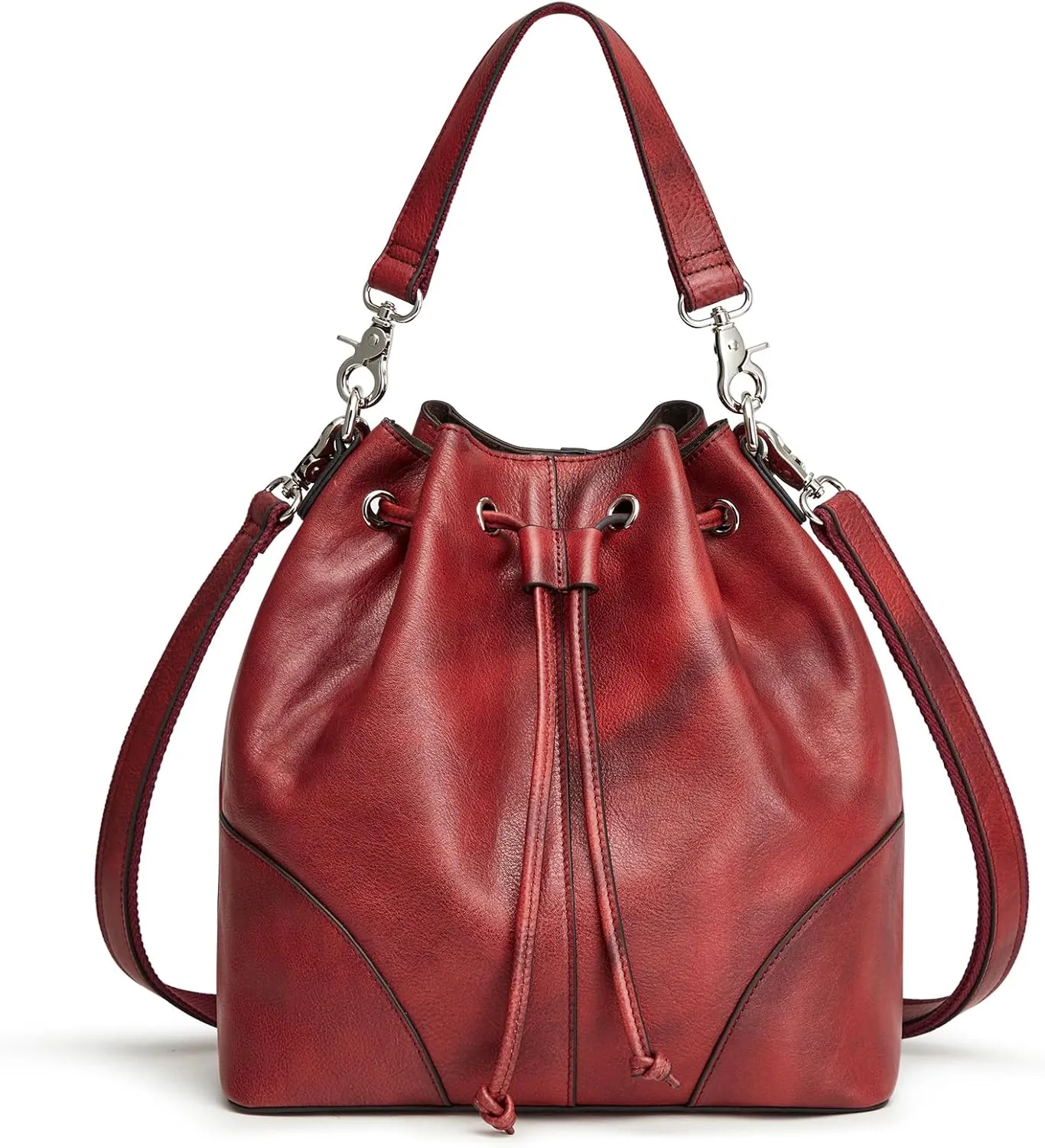 S-ZONE Genuine Leather Bucket Bags for Women Drawstring Crossbody Purses Shoulder Top Handle Handbags with 2 Straps