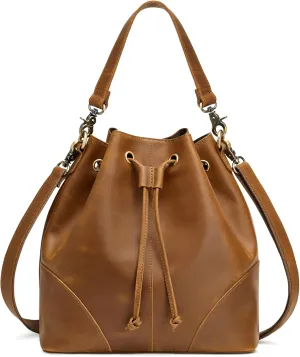 S-ZONE Genuine Leather Bucket Bags for Women Drawstring Crossbody Purses Shoulder Top Handle Handbags with 2 Straps