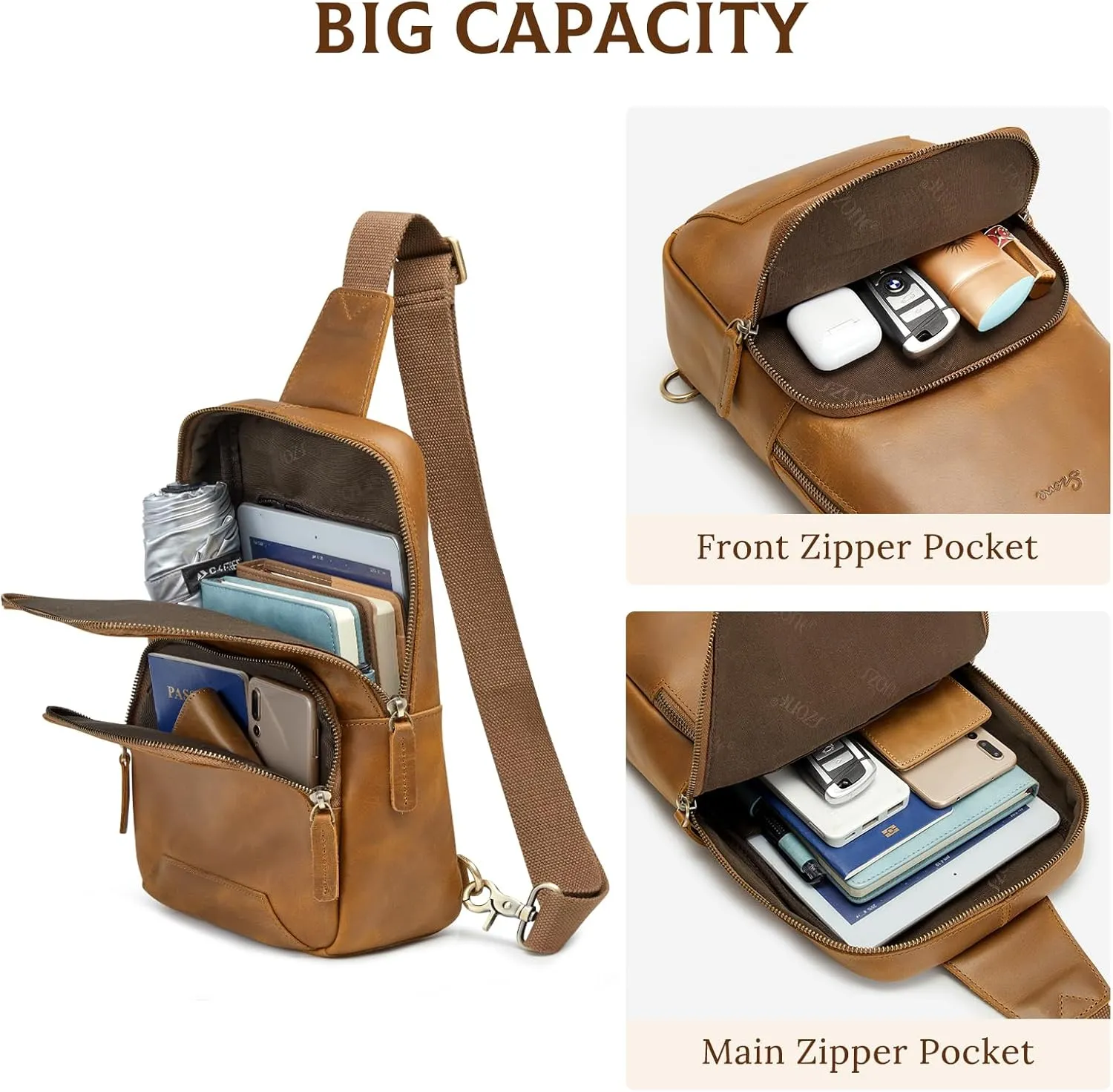 S-ZONE Sling Bag for Men Women RFID Blocking Genuine Leather Crossbody Shoulder Bag Backpack Hiking Daypack Travel