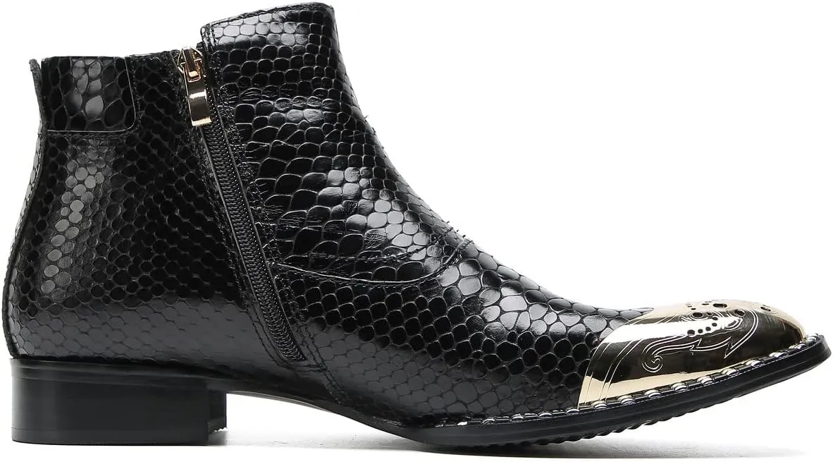 Santimon Chelsea Boots Men Casual Dress Genuine Leather Ankle Boots Metal-Square Toe Snakeskin Texture Western Boots Fashion Prom Wedding Tuxedo Ballroom Party Disco Singer Cowboy Boots for Men