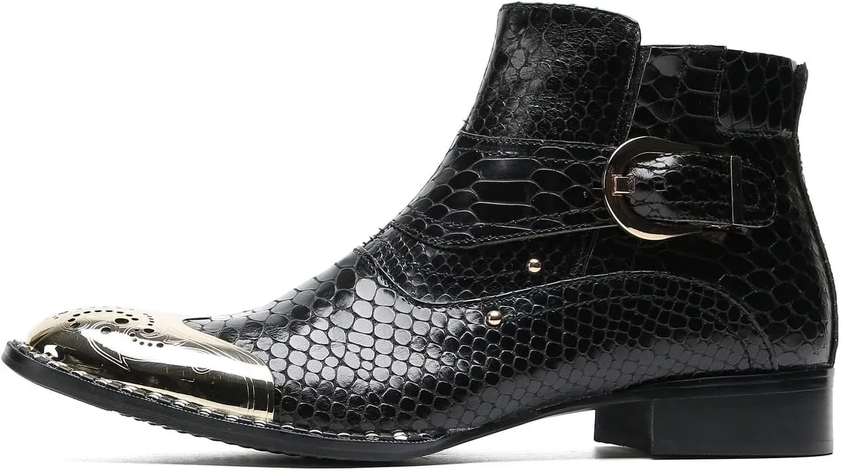 Santimon Chelsea Boots Men Casual Dress Genuine Leather Ankle Boots Metal-Square Toe Snakeskin Texture Western Boots Fashion Prom Wedding Tuxedo Ballroom Party Disco Singer Cowboy Boots for Men