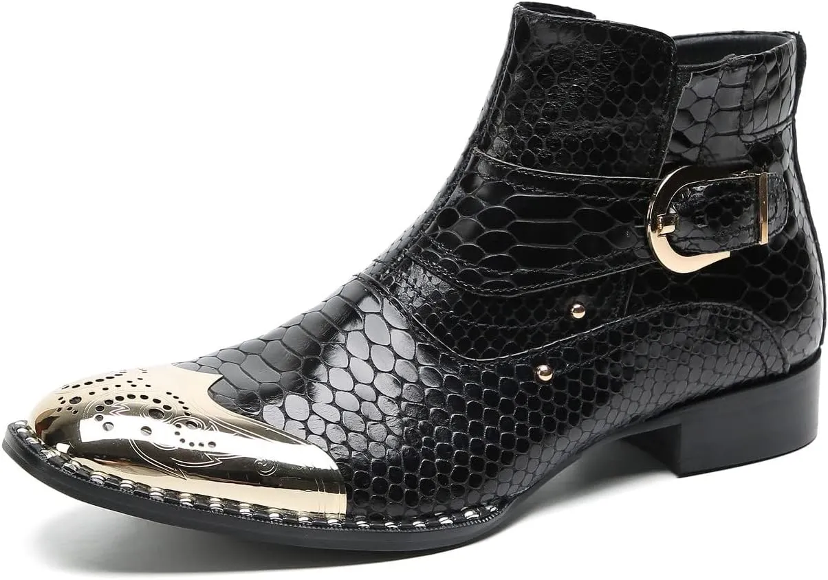 Santimon Chelsea Boots Men Casual Dress Genuine Leather Ankle Boots Metal-Square Toe Snakeskin Texture Western Boots Fashion Prom Wedding Tuxedo Ballroom Party Disco Singer Cowboy Boots for Men