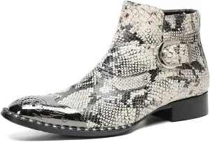 Santimon Chelsea Boots Men Casual Dress Genuine Leather Ankle Boots Metal-Square Toe Snakeskin Texture Western Boots Fashion Prom Wedding Tuxedo Ballroom Party Disco Singer Cowboy Boots for Men
