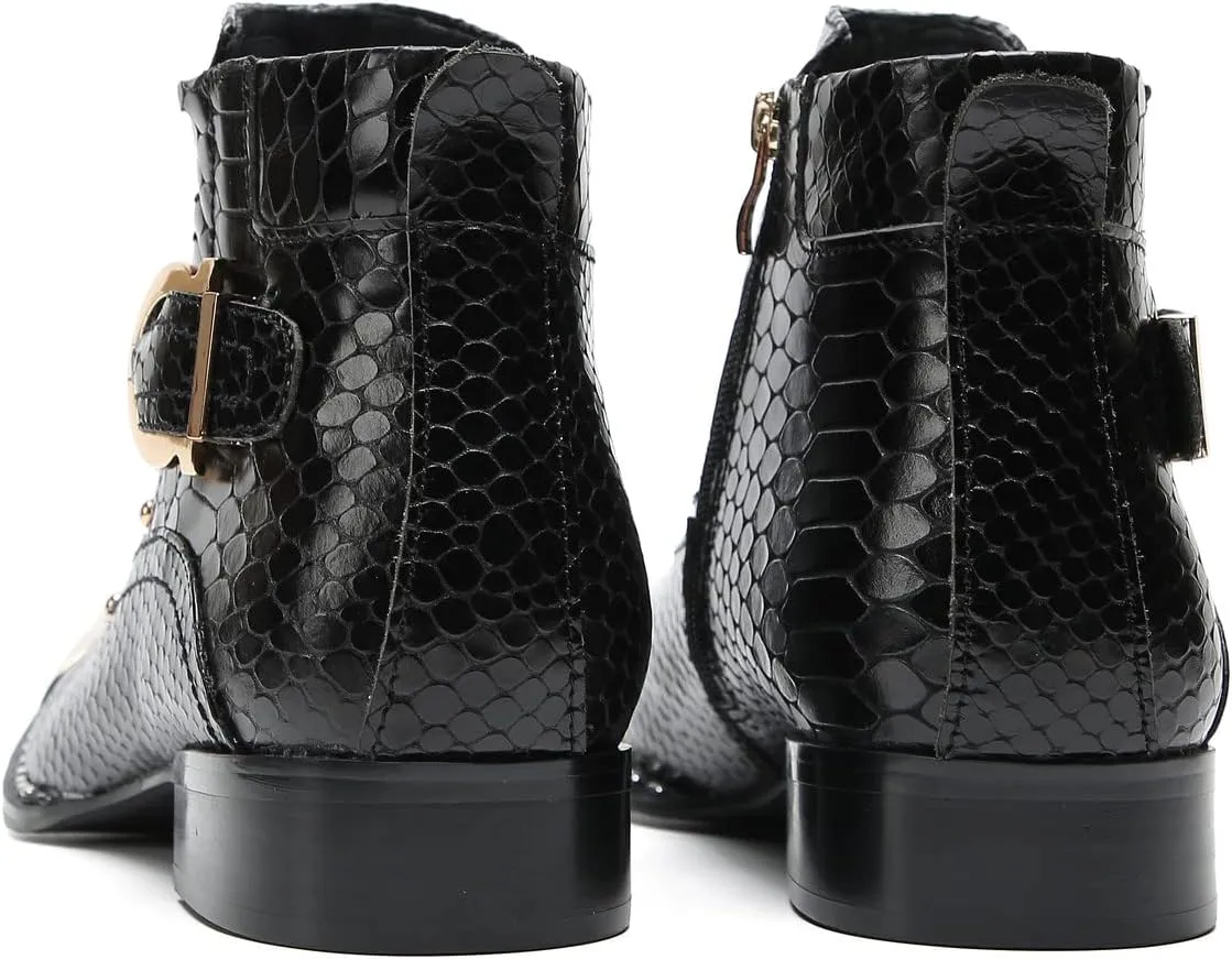 Santimon Chelsea Boots Men Casual Dress Genuine Leather Ankle Boots Metal-Square Toe Snakeskin Texture Western Boots Fashion Prom Wedding Tuxedo Ballroom Party Disco Singer Cowboy Boots for Men