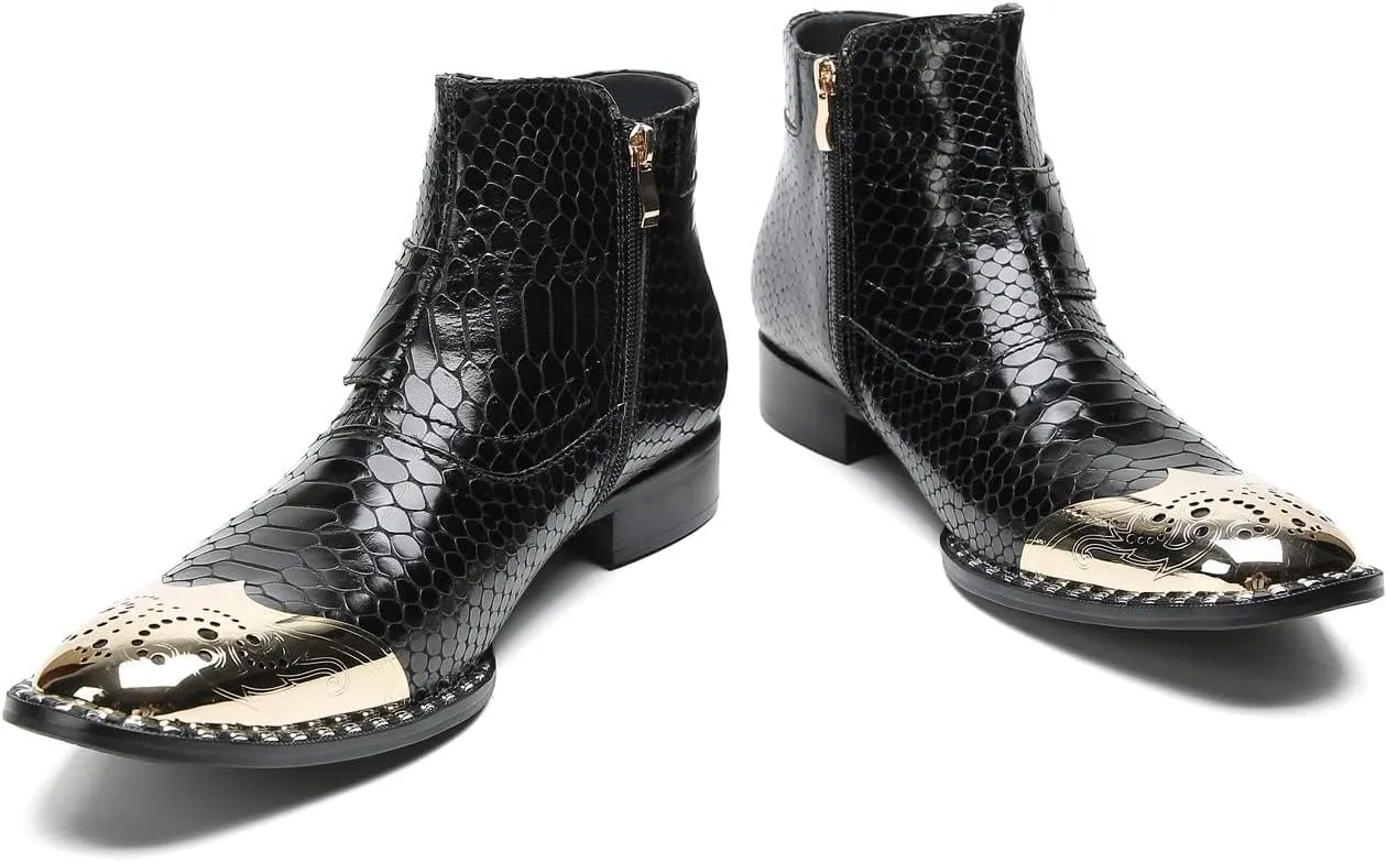 Santimon Chelsea Boots Men Casual Dress Genuine Leather Ankle Boots Metal-Square Toe Snakeskin Texture Western Boots Fashion Prom Wedding Tuxedo Ballroom Party Disco Singer Cowboy Boots for Men