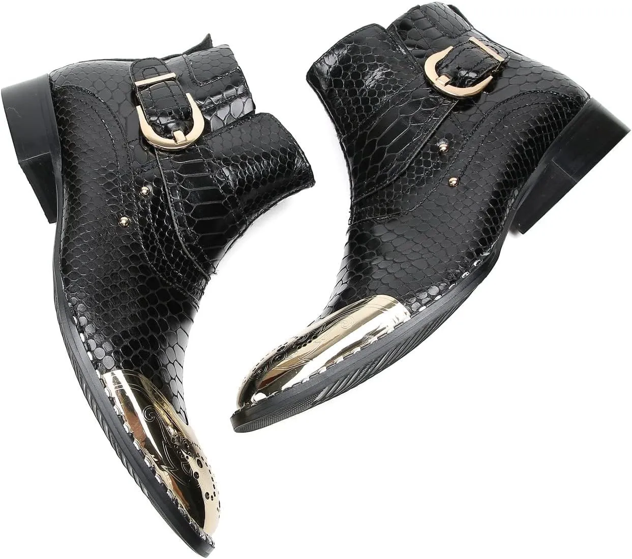 Santimon Chelsea Boots Men Casual Dress Genuine Leather Ankle Boots Metal-Square Toe Snakeskin Texture Western Boots Fashion Prom Wedding Tuxedo Ballroom Party Disco Singer Cowboy Boots for Men